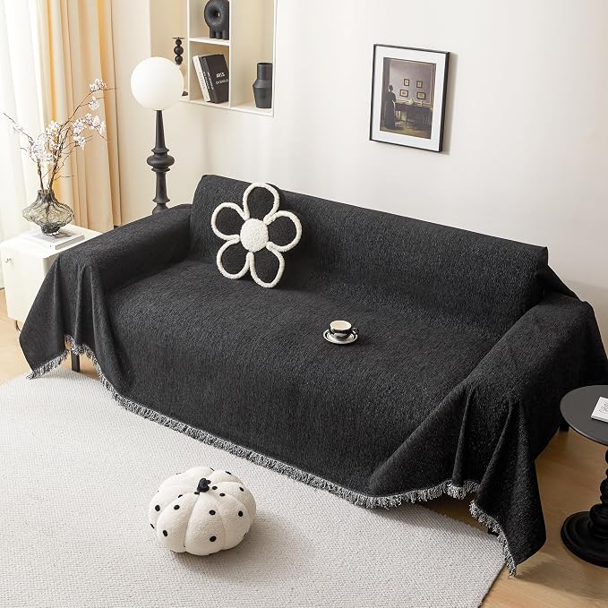 MEETSKY Washable Sofa Cover Black Sectional Couch Covers for 2 Cushion Couch Sofa Thick Universal Chenille Sofa Covers with Tassel Furniture Protector for Dogs, 71"x 102" - Image 9