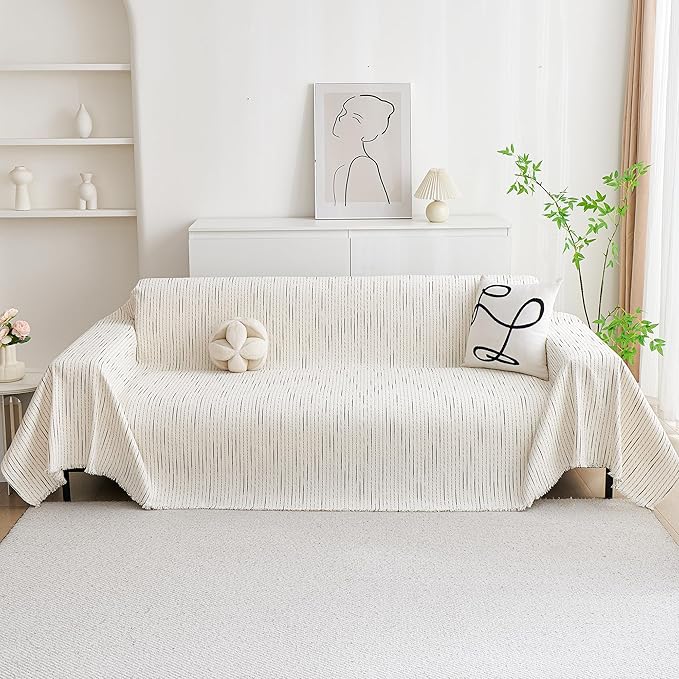 MYSKY HOME Couch Cover for Dogs, Sectional Couch Cover, Beige Lines Sofa Covers for Sectional Sofa L Shape Chenille Couch Protector for Dogs Pets Couch Covers Washable Soft Throw, 71"X134" - Image 3