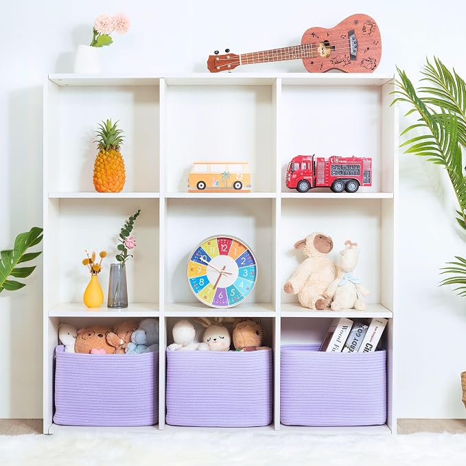 MINTWOOD Design 3-Pack Storage Baskets and Cube Bins for Shelves, Playroom and Classroom, Decorative Woven Closet Organizers for Books, Shoes, and Pantry Items, Lavender Purple - Image 4