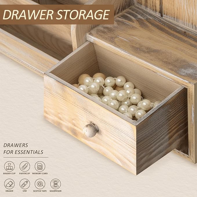 Rebee Vision Key Holder Wall Mount with Drawer for Entryway, Natural Wood | Pine Wood, with Drawer Storage, 7 Hanging Hooks, Letter Organizer, Key Holder for Wall, Home Essentials for Room Decor - Image 4