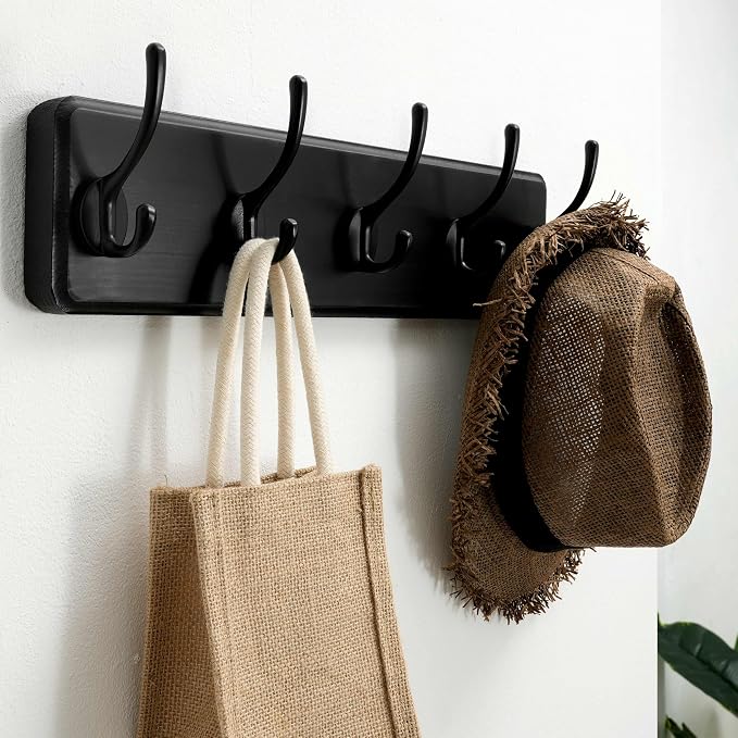 SKOLOO Rustic Wall Mounted Coat Rack, Pine Solid Wood Coat Hook Hanger - 5 Hooks for Hanging Clothes Robes Towels Coats - Image 5