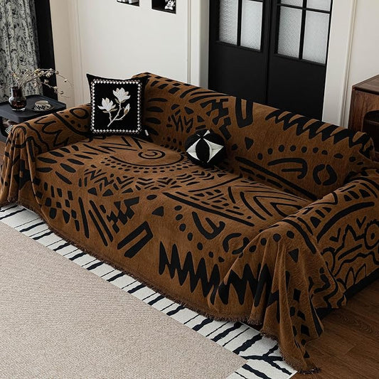 MEETSKY Boho Couch Cover Sofa Covers, Chenille Geometric Dark Brown Couch Covers for 2 Cushion Couch Sofa for Dogs, Washable Sofa Slipcover for Cat Sofa Protector with Tassels,71" x 118" by MEETSKY