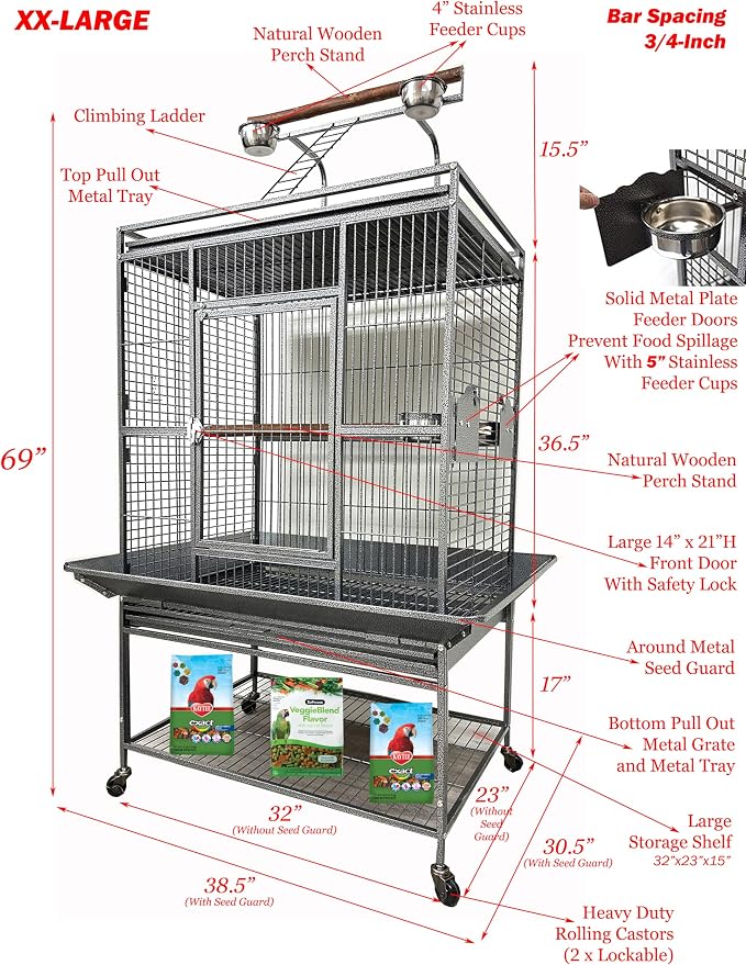 Extra Large Elegant and Durable Wrought Iron Climbing Ladder Perch Stand Play Top Ground Bird Parrot Metal Cage Around Seed Guard Storage Shelf with Heavy Duty Lockable Rolling Wheels - Image 2