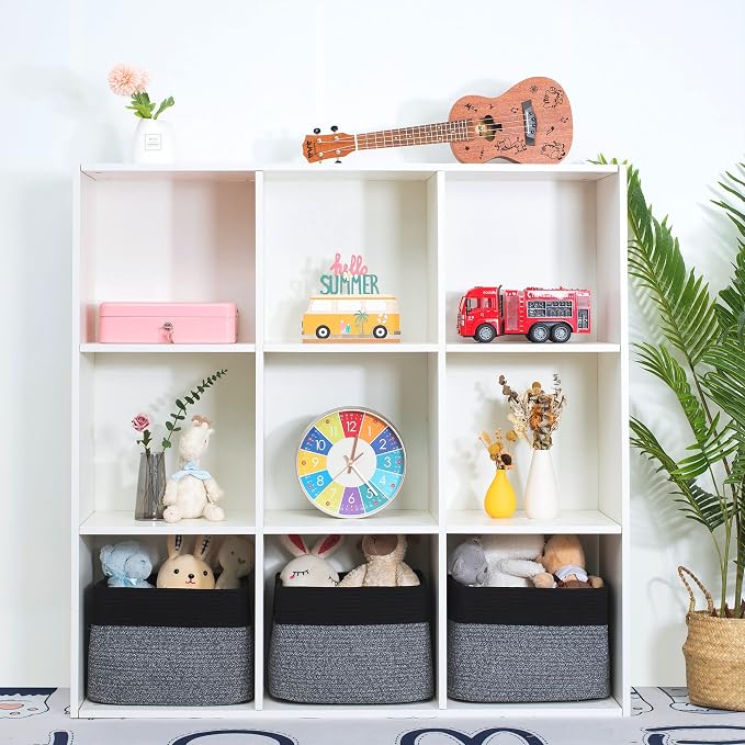 MINTWOOD Design 3-Pack Storage Baskets for Shelves, Playroom and Classroom Storage Basket, Book Basket, Decorative Storage Cube Bins, Woven Closet Organizers, Pantry and Shoe Organizer, Black Grey Mix - Image 4