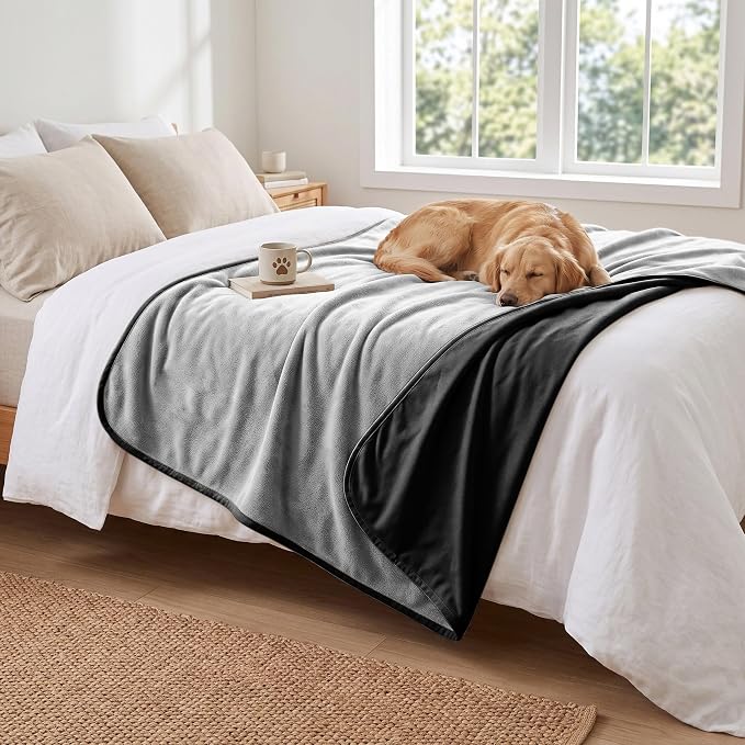 Waterproof Blanket for Dogs - Reversible Furniture Protector | TPU Leak-Proof Liner, Soft Velvet & Flannel Pet Throw, Machine Washable, For Couch and Bed, 82" x 108", Black/Lightgrey by Secfeeling