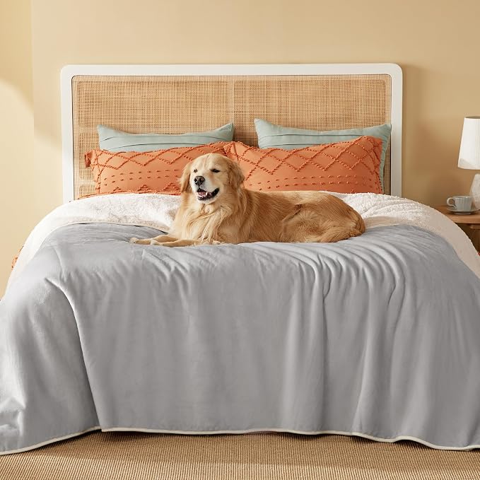 Bedsure Waterproof Blanket for Bed Soft Sherpa Fleece Throw,Queen 90x86 | Plush Cozy Calming Reversible Dog Blankets for Large Senior Dogs,Warm Bed Couch Cover,Pet Furniture Protector,Light Grey by Unknown