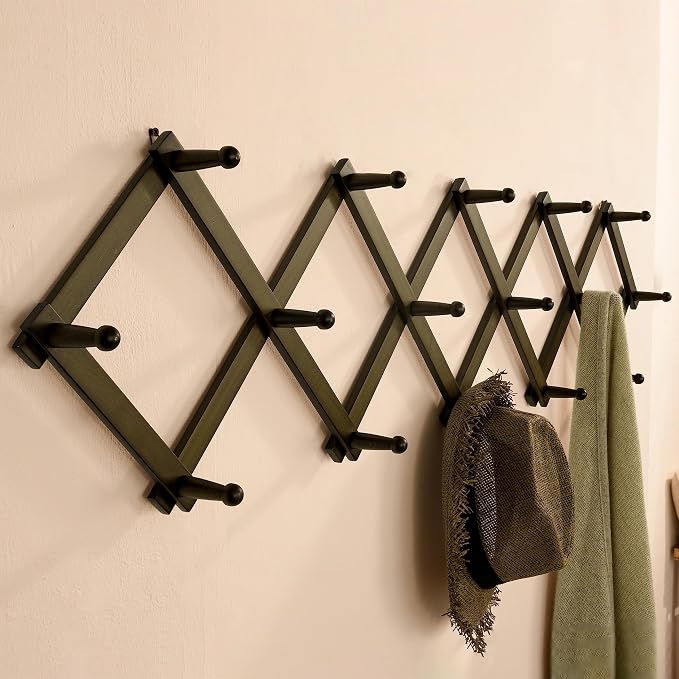 SKOLOO Accordion Wall Hanger with 16 Hooks, Modern Expandable Coat Rack Hat Rack for Wall, Solid Wooden, Dark Walnut Color - Image 4