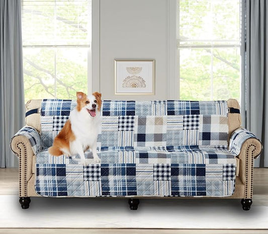 Brilliant Sunshine Blue Plaids and Stripes Patchwork Couch Cover, Quilted Large Sofa Slipcover, 70" Seat Width, Reversible Furniture Protector, 2" Strap, Washable Cover for Pets, Kids, Dogs, Cats,Blue | Non Slip Sofa Cover, Quilted Furniture Protector,... by BrilliantSunshine