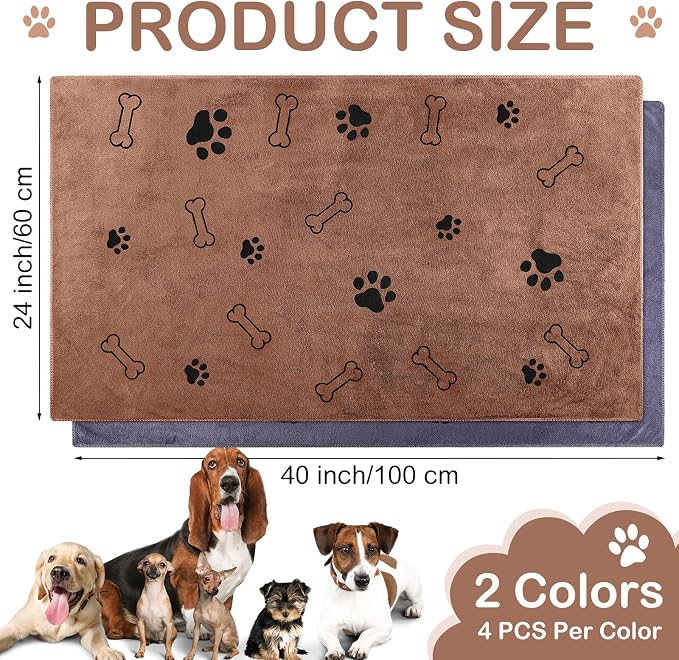 Chumia 8 Pcs Microfiber Dog Towels for Drying Dogs Cats 40 x 24 Inch Pet Towels Bulk for Large Puppy Absorbent Fast Drying Paw Bath Bathing Supplies for Pets(Dog Paw and Bone,Brown, Gray) - Image 2