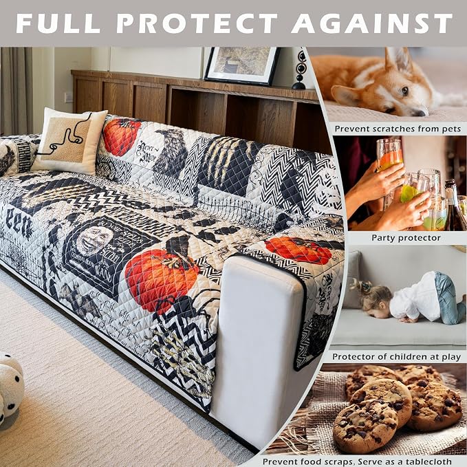 Cmfshape Halloween Sofa Slipcover-Black with Pumpkin,Crow,Skull,Pet Friendly Couch Covers for 3 Cushion Sofa,Washable Sofa Protector for Holiday,Anti-Slip with Elastic Band - Image 6