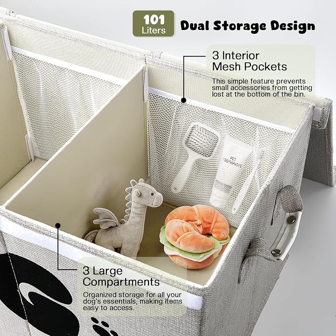 Dog Toy Basket with Lid, 3 Compartments Dog Basket for Toys, Dog Toy Box with 2 Removable Dividers, Collapsible Storage Bins for Dog Toys, Dog Storage Organizer, Gray - Image 3