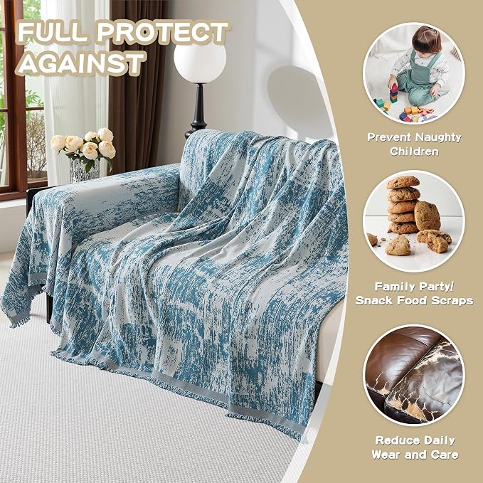 MEETSKY Boho Sofa Cover Sofa Slipcover Thick Chenille Blue Couch Cover for 3-4 Cushion Couch Sofa Reversible Universal Couch Cushion Cover XXL Sofa Protector for Dog Cat, 91"x150" - Image 7