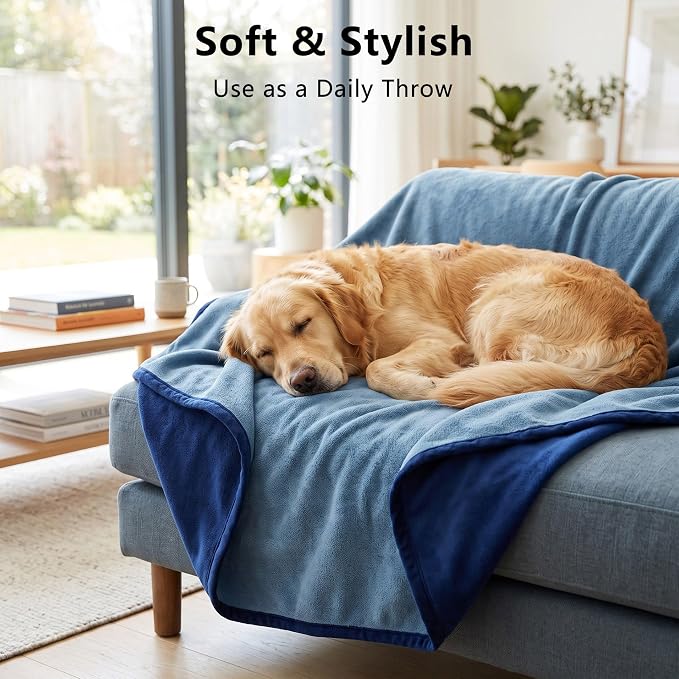 Waterproof Blanket - Reversible Dog Throw as Furniture Protector | Soft Velvet & Flannel, TPU Leak-Proof Liner, Machine Washable, Fits Couch and Bed, 82" x 108", Navyblue/Stoneblue - Image 4