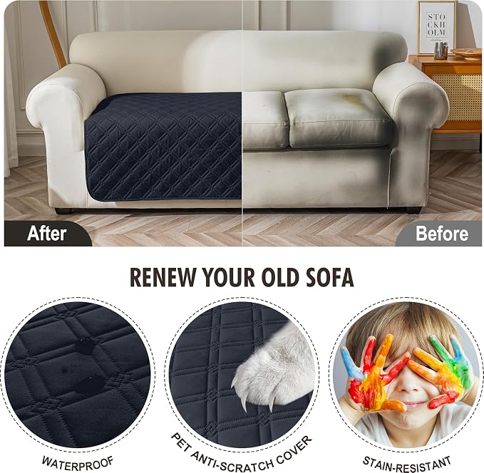 Genina Waterproof Couch Cover,Washable Anti-Slip 78inch Sofa Covers with 3 Cushions,Sectional Couch Covers for Pets Friendly, Sofa Slipcovers for Dogs Cats(78inch/Navy Blue) - Image 4