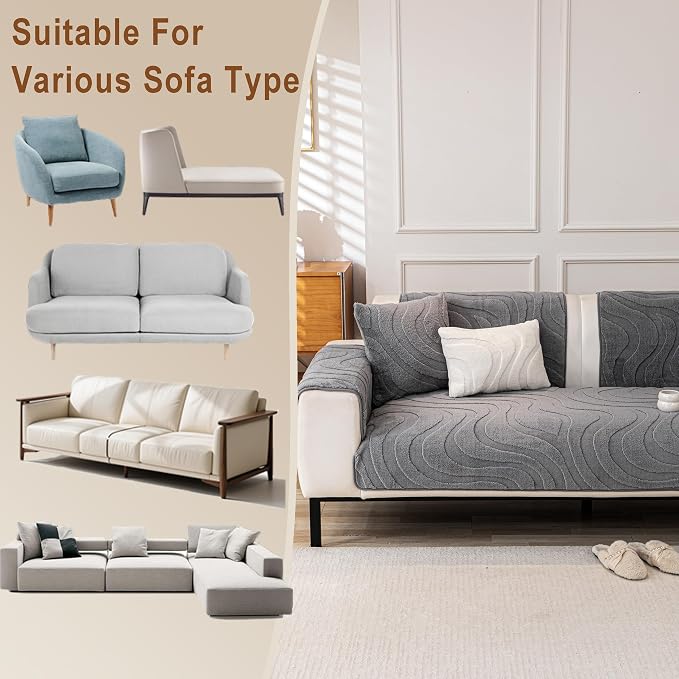 Couch Cover for Dogs, Velvet Fleece Non-Slip Sofa Covers Washable | Sofa Slipcovers for 3 Cushion Couch, Furniture Protector for Pet,L Shaped Sectional Couch Cover Wavy Grey, 36"X94" (1 Pcs) - Image 5