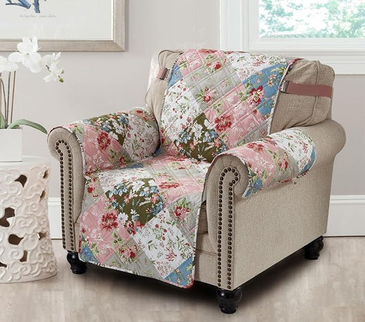 Brilliant Sunshine Peach and Olive Flowers Couch Armchair Cover, 23" seat | Patchwork Design, Non Slip Sofa Cover, Quilted Furniture Protector, Washable Chair Slipcover for Pets, Dogs, Dogs & Cats by BrilliantSunshine
