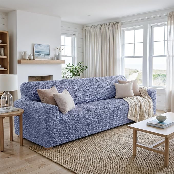 PAULTO BY GA.I.CO. Stretch Sofa Slipcovers – Soft Elastic Fabric Couch Cover for Armchair Loveseat 3-Seater & 4-Seater Sofa Cover – Non-Slip Furniture Protector Washable - Blue (86"-120" Wide) - Image 2