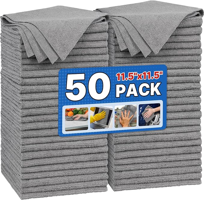 FIXSMITH Shop Towels, Pack of 50, Grey Microfiber Cleaning Cloth Bulk, Microfiber Towels for Cars, All-Purpose Absorbent Cleaning Rags, Dust Cloth for Automotive, Mechanic, Garage, 11.5 x 11.5 inch by FIXSMITH