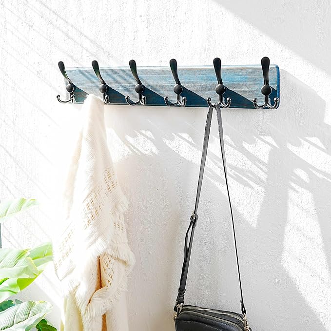 Dseap Coat Rack Wall Mounted - 24" Long 6 Tri Hooks, Heavy Duty Wooden Wall Coat Hanger Coat Hook for Clothes Hat Jacket Clothing, Weathered Blue and Black, Pack of 2 - Image 7