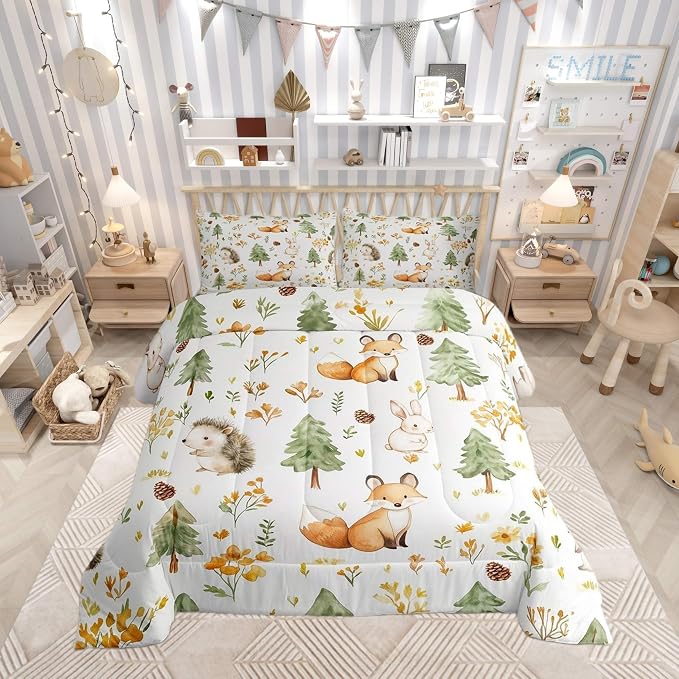 Manfei Cartoon Animals Comforter Set Full Size,Cute Fox Rabbit Hedgehog Bedding Set Kids Boys Men Room Decor,Watercolor Flower Tree Pine Cone Down Comforter Soft Duvet Insert,2 Pillowcases by Manfei