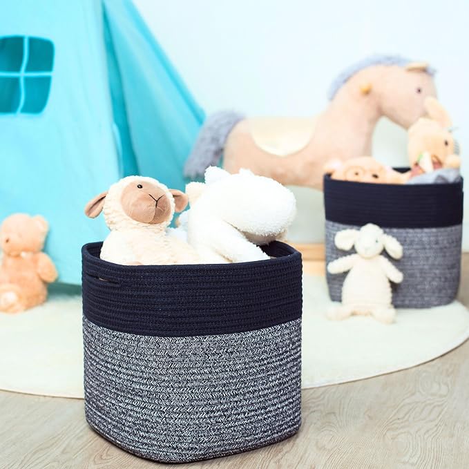 MINTWOOD Design 3-Pack 11x11in Woven Cube Storage Bin and Shelf Baskets, Cute Decorative Square Organizer for Closet, Classroom, Bathroom, Dog and Cat Toys, and Books, Navy Blue - Image 3