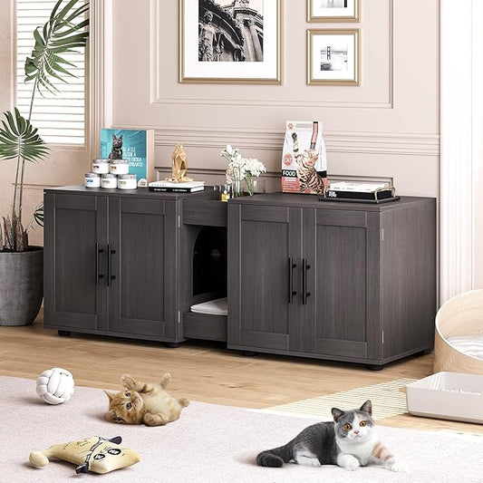 55" Large Cat Litter Box Enclosure Furniture for 2 Cats, 3-in-1 Hidden Litter Box Cabinet with Barn Door & Double Rooms, Wooden Pet Furniture for Living Room & Bedroom by Unknown