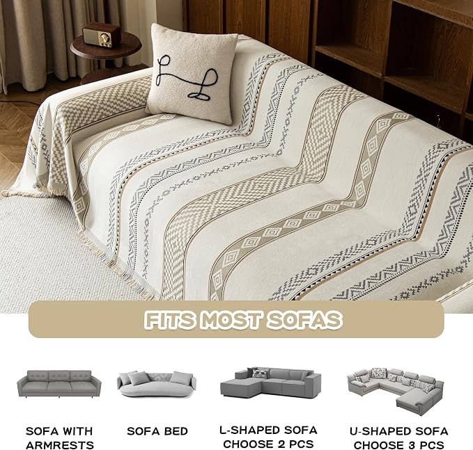 MEETSKY Boho Couch Covers for Sofa, Chenille Geometric Couch Covers for 2 Cushion Couch Sofa for Dogs, Washable Sofa Cover for Pet, Couch Protector with Tassels,71" x 118", White - Image 6