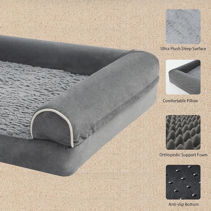 Grey 36''x27''x6.5 Medium L Orthopedic Plush U Shape Dog Bed | Soft, Waterproof, Egg Foam, Pet Crate Beds Mat, Kennel Pads, Removable Washable Cover,Non-Slip Bottom,Anti-slip oxford fabric - Image 3