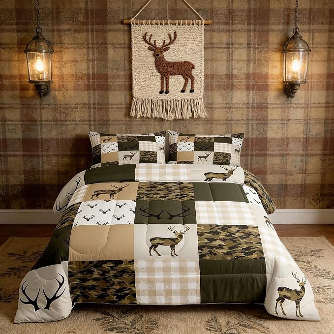 Homewish Camouflage Comforter Set Full Size Woodland Camo Quilt Set Green and Beige Plaid Print Bedding Set 3pcs for Kids Boys Teens Room Decor, Animal Deer Antlers Duvet Insert with 2 Pillowcases - Image 2