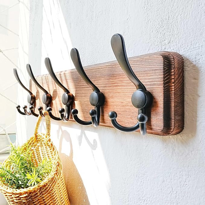 Dseap Coat Rack Wall Mounted - 5 Tri Hooks, Heavy Duty, Wooden Wall Coat Hanger Coat Hook for Clothes Hat Jacket Clothing, Natural & Black - Image 6
