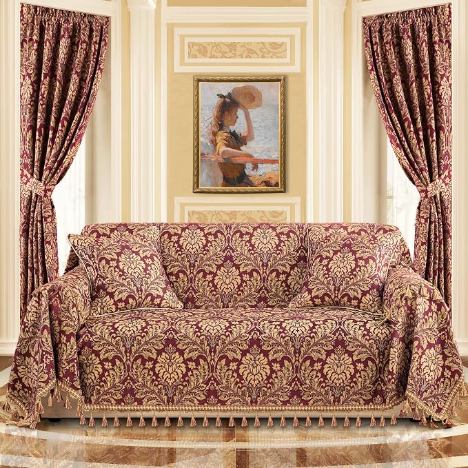 Loom and Mill Luxury Damask Sofa Couch Covers, Burgundy Red, 71" x118 | Elegant Jacquard Sofa Throw Cover with Tassels for 2-3 Cushion Couch, Sectional Couch Cover Sofa Slipcover for Dogs Pets - Image 2