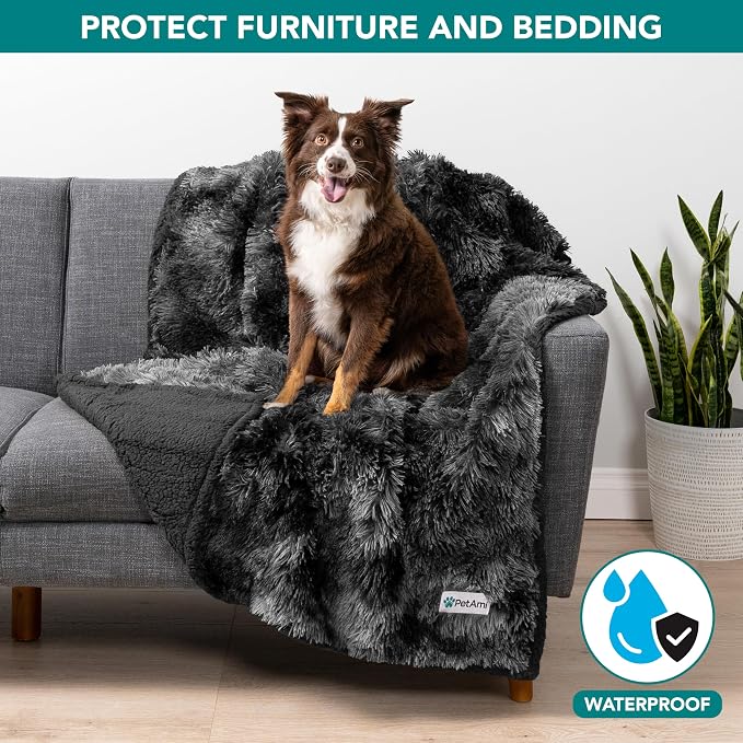 PetAmi Waterproof Dog Blanket for Couch, Bed & Furniture,Reversible Sherpa & Faux Fur Pet Blanket, Leakproof Blanket for Puppy Cat, Washable Soft Calming Pet Couch Protector (29x40, Tie-Dye Black) - Image 2