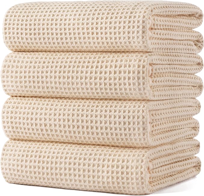 POLYTE 430 GSM Microfiber Oversize Quick Dry Lint Free Bath Towel, 60 x 30 in, 4 Pack (Waffle Weave) by Polyte