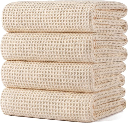 POLYTE 430 GSM Microfiber Oversize Quick Dry Lint Free Bath Towel, 60 x 30 in, 4 Pack (Waffle Weave) by Polyte