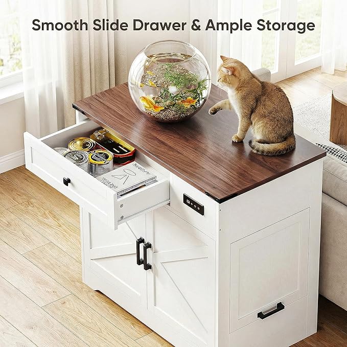 LIKIMIO 31.5" Cat Litter Box Enclosure with LED Odor Control | LED odor-control system under 30dB. Hinged cat entrance. Storage drawer. 31.5"L x 19.7"W x 31.3"H. - Image 5