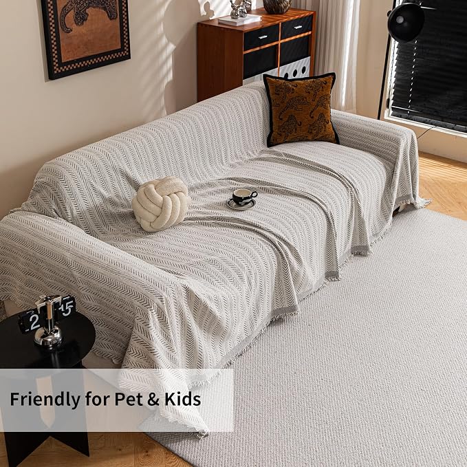 Couch Covers Non Slip Sofa Cover Washable, 2 Cushion Couch Slipcovers Loveseat Furniture Protector for Pets Kids, Chenille Strip Couch Throw Blankets with Tasselss 71"x118", Beige - Image 7