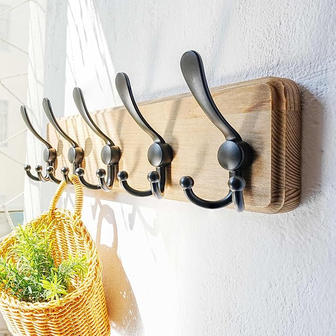 Dseap Coat Rack Wall Mount - Heavy-Duty Robust Barnwood-Style Wooden Wall Coat Hanger Hook Rail with 5 Triple Hooks for Winter Coats Hat Jacket Clothing, Weathered Brown & Black - Image 2