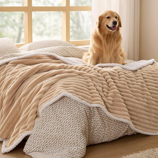 Bedsure ComfyFleece™ Waterproof Blanket for Bed, Twin（60"x80"） Tuscan Beige | Soft Plush Couch Bed Cover Corduroy Fleece for Furniture Protector, Cozy Calming Reversible Dog Blankets for Large Dogs Pet by Unknown