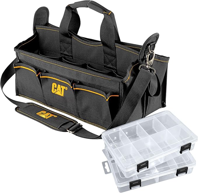 Cat 17-Inch Tech Tool Tote Bag with 20 Pockets, 2 Storage Bins for Small Parts, Dual Compartments, Shoulder Strap, and Hi-Vis Interior – Heavy-Duty 1200D Polyester - 240045 by Unknown