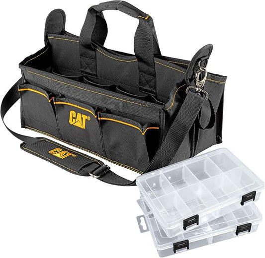 Cat 17-Inch Tech Tool Tote Bag with 20 Pockets, 2 Storage Bins for Small Parts, Dual Compartments, Shoulder Strap, and Hi-Vis Interior – Heavy-Duty 1200D Polyester - 240045 by Unknown