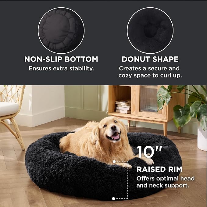 Bedsure Calming XL Dog Bed Donut Washable Extra Large Pet Bed,45ins Black | Fluffy Faux Fur Round Cuddler,Machine Washable,Anti-Slip Bottom,Anti-Anxiety,Deep Sleeping for Pets Up to 120 Lbs - Image 3
