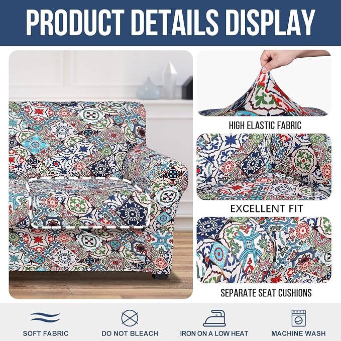 hyha Stretch Couch Covers, Sofa Cover for 3 Cushion Couch Pet Friendly | Floral Pattern, Printed, 4 Pieces, 3 Separate Cushion Sofa, Durable Anti-slip Washable Protector with Elastic Bottom for Dogs - Image 4