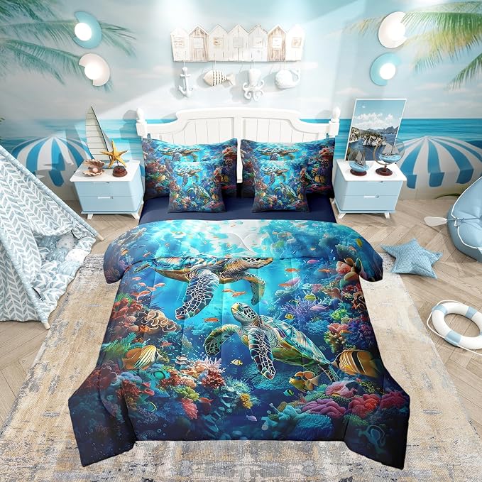 Erosebridal Kids Turtle King Size 7-Piece Bedding Set, Reptile Bed in A Bag, Sea Animals Comforter Set with Sheets, Underwater World Fish Bedding Comforter Sets by Erosebridal