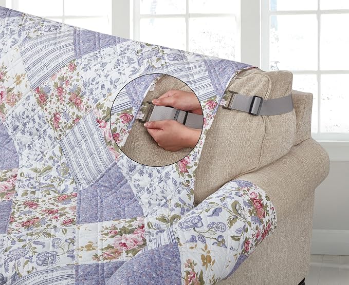 Brilliant Sunshine Rose Violet Floral Couch Armchair Cover, 23" seat | Patchwork Design, Non Slip Sofa Cover, Quilted Furniture Protector, Washable Chair Slipcover for Pets, Dogs, Dogs & Cats - Image 4
