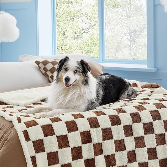 LE SURE Waterproof Dog Blankets for Large Dogs Cute Cozy 3D Jacquard,50x60 | Warm Soft Pet Blanket for Senior Dogs Aesthetic Gift, Washable Sherpa Throw, Reversible Couch Protector, Brown Checks by Lesure