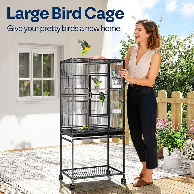 VIVOHOME 54 Inch Wrought Iron Large Bird Cage with Rolling Stand | Bird Flight Cage with Stand, Casters, Slide-out Tray for Parakeets Canaries Parrot Cockatiels Lovebirds Conures, Black - Image 2