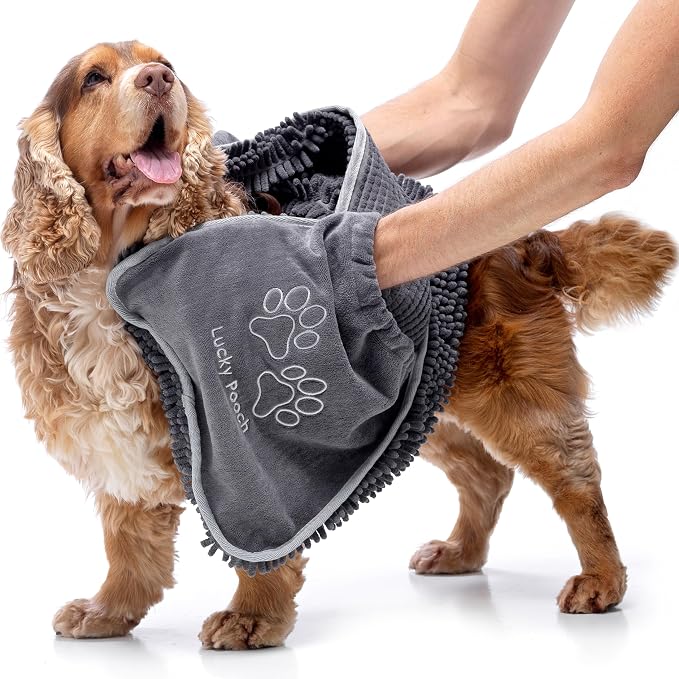 Lucky Pooch® Super Absorbent Shammy Dog Towel - Luxuriously Soft Hand Pockets – 34.5x12.5in – Quick Drying Microfiber Dog Bath Towel – Durable Towels for Drying Dogs (Pack of 1, Gray) - Image 2