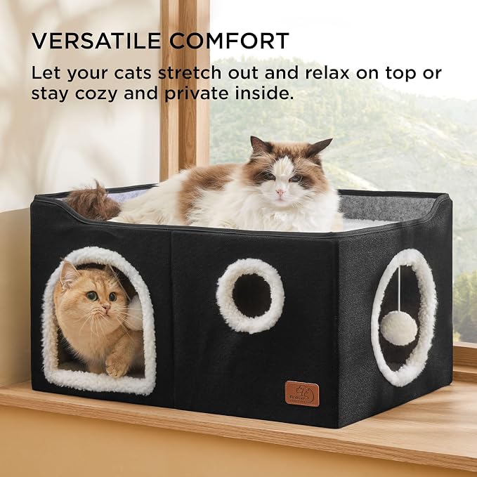 Bedsure Extra Wide Cat House Bed with Fluffy Ball and Scratch Pad,Black | 23.6x16.9x13 in,Indoor cat cave for multiple pets, Foldable cat hideway cube for sleeping large cat and kitten - Image 3