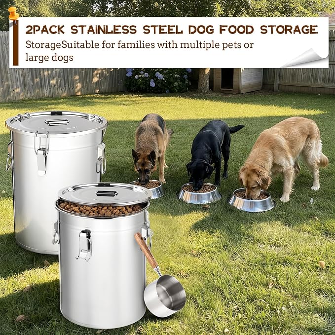 Lounsweer 2 Pack Stainless Steel Dog Food Storage Container with Lid and Locking Clamp Metal Airtight Container Large Stainless Steel Bucket with Food Scoop for Pet Feed(17 L) - Image 7
