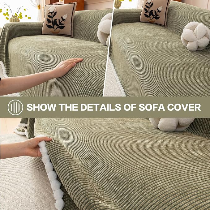 DREAMINGO Striped Chenille Couch Cover Blanket Washable Furniture Protector for Pets/Kids Farmhouse Modern Style Decorative Sofa Throw Cover for Living Room, Pom Pom Trim, Green, 71"x150" - Image 4
